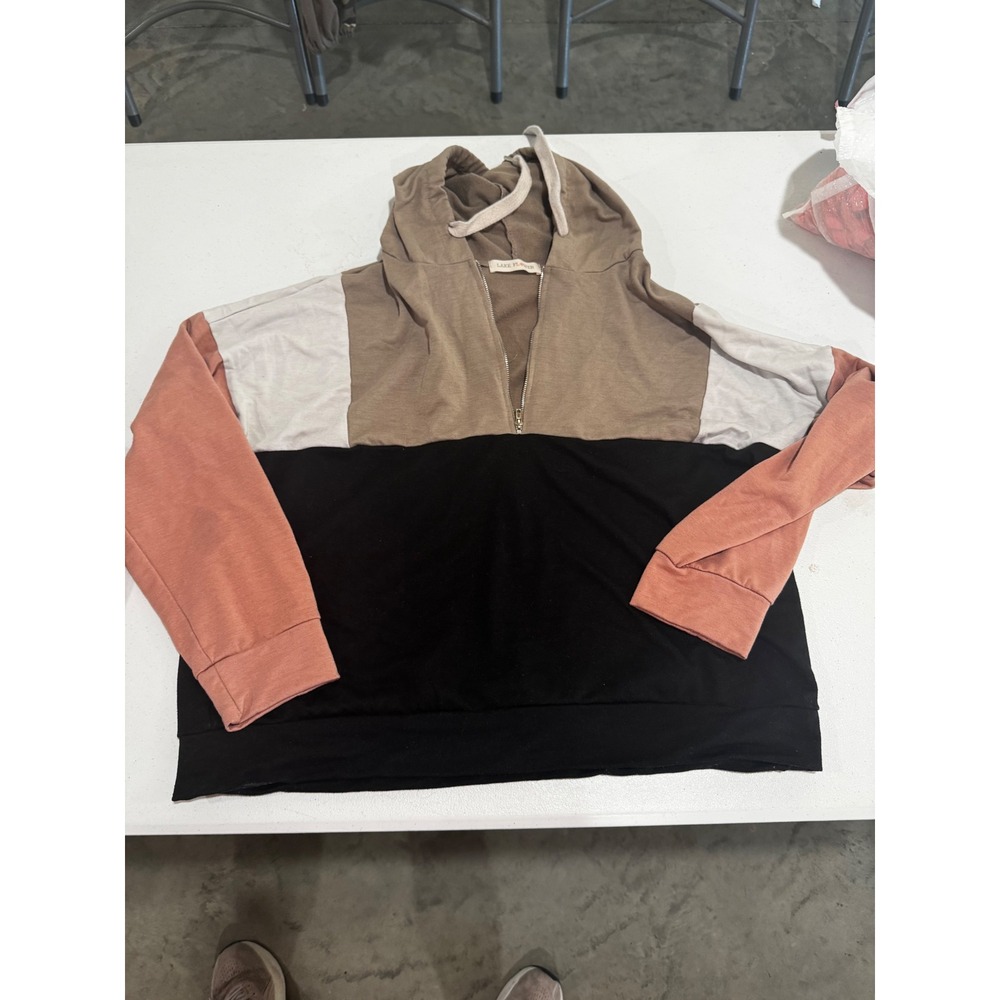 Lake Flower Womens Colorblock Quarter Zip Hoodie Sweatshirt Large Brown Black